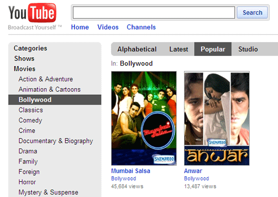 Here's a great way to legally watch full length bollywood movies on youtube.