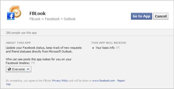 Allow FBLook to update Facebook status via Outlook