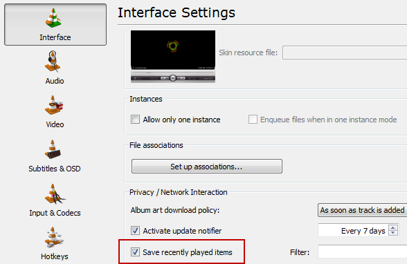 hide recent played in vlc